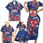 Personalized Sydney Roosters Family Matching Short Sleeve Bodycon Dress and Hawaiian Shirt Aboriginal Pattern with Graffiti Style Design