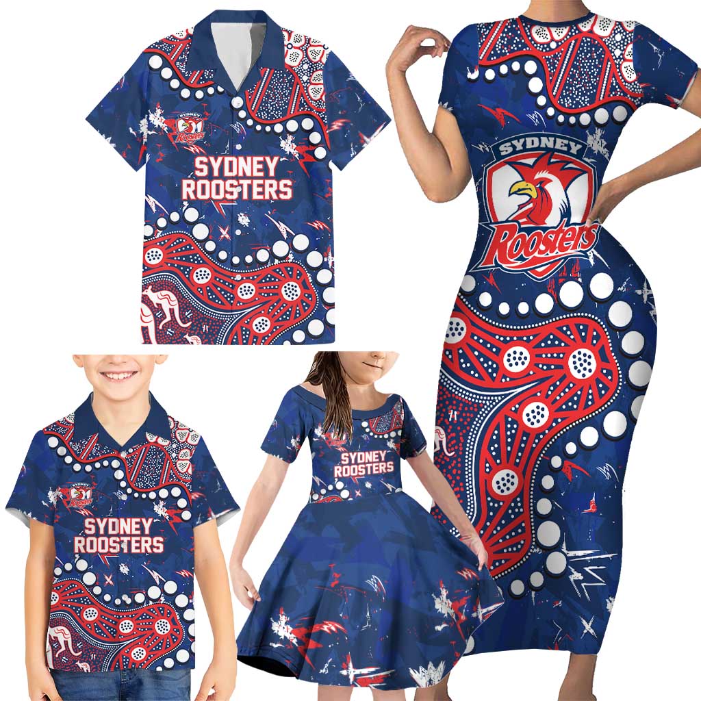 Personalized Sydney Roosters Family Matching Short Sleeve Bodycon Dress and Hawaiian Shirt Aboriginal Pattern with Graffiti Style Design