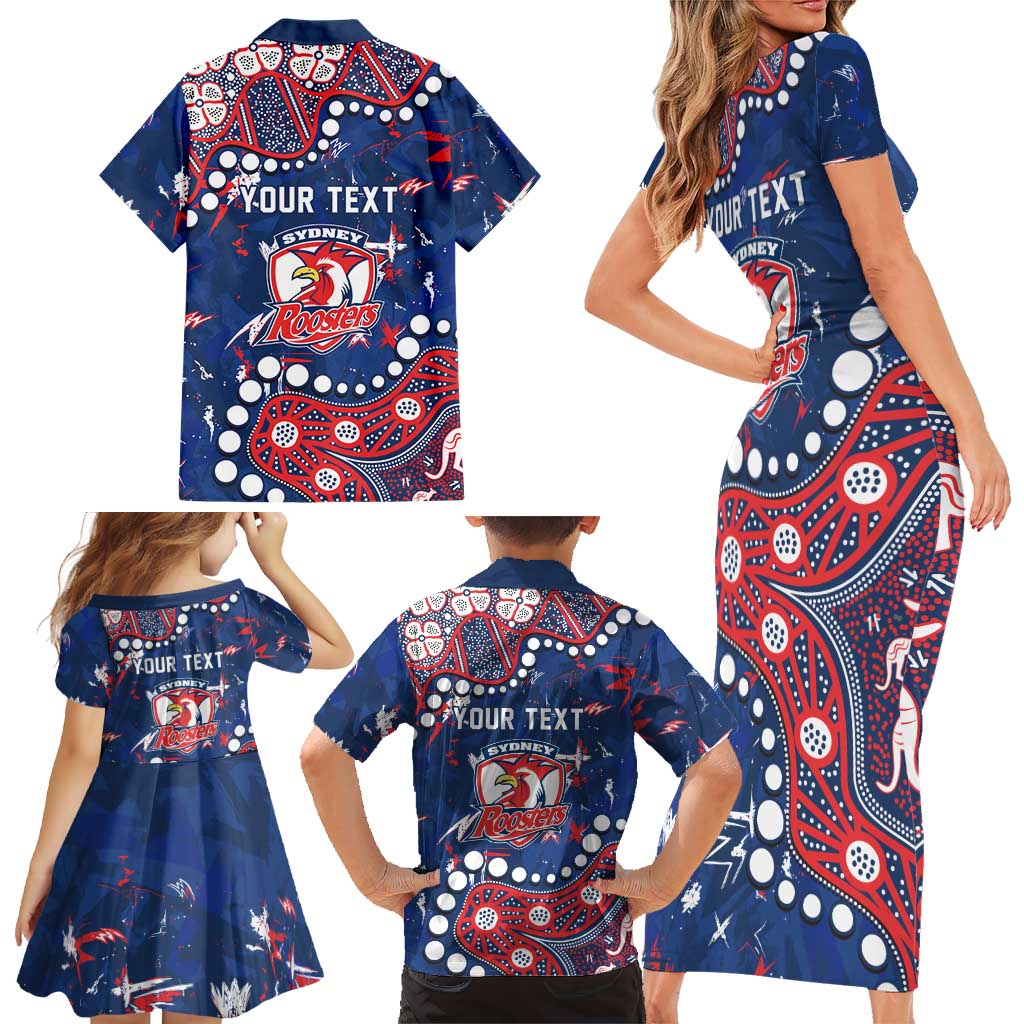 Personalized Sydney Roosters Family Matching Short Sleeve Bodycon Dress and Hawaiian Shirt Aboriginal Pattern with Graffiti Style Design