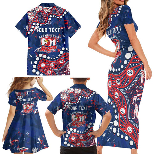 Personalized Sydney Roosters Family Matching Short Sleeve Bodycon Dress and Hawaiian Shirt Aboriginal Pattern with Graffiti Style Design