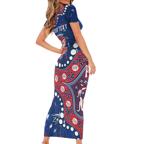Personalized Sydney Roosters Family Matching Short Sleeve Bodycon Dress and Hawaiian Shirt Aboriginal Pattern with Graffiti Style Design