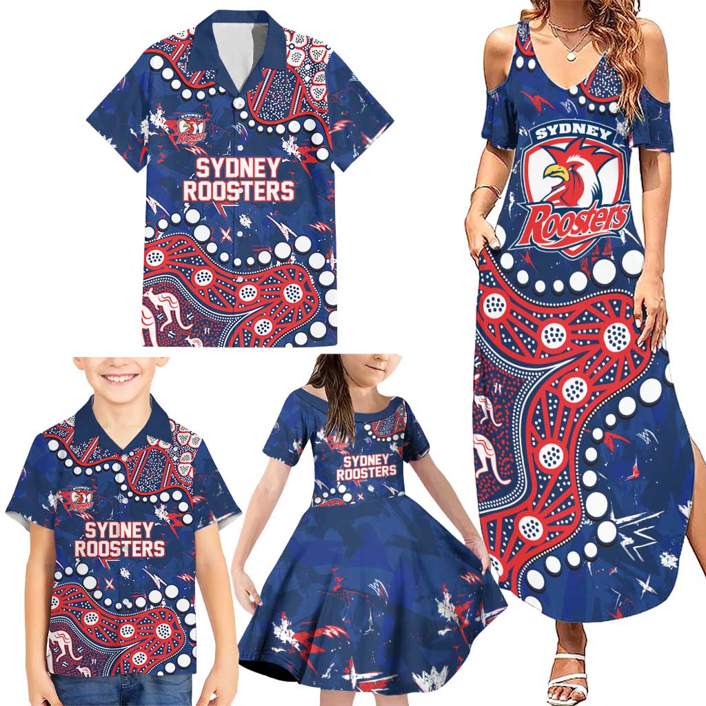 Personalized Sydney Roosters Family Matching Summer Maxi Dress and Hawaiian Shirt Aboriginal Pattern with Graffiti Style Design