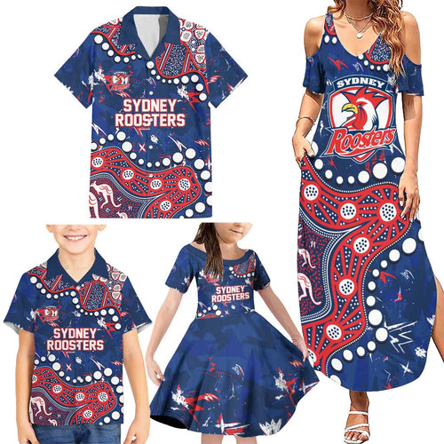 Personalized Sydney Roosters Family Matching Summer Maxi Dress and Hawaiian Shirt Aboriginal Pattern with Graffiti Style Design