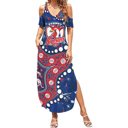 Personalized Sydney Roosters Family Matching Summer Maxi Dress and Hawaiian Shirt Aboriginal Pattern with Graffiti Style Design