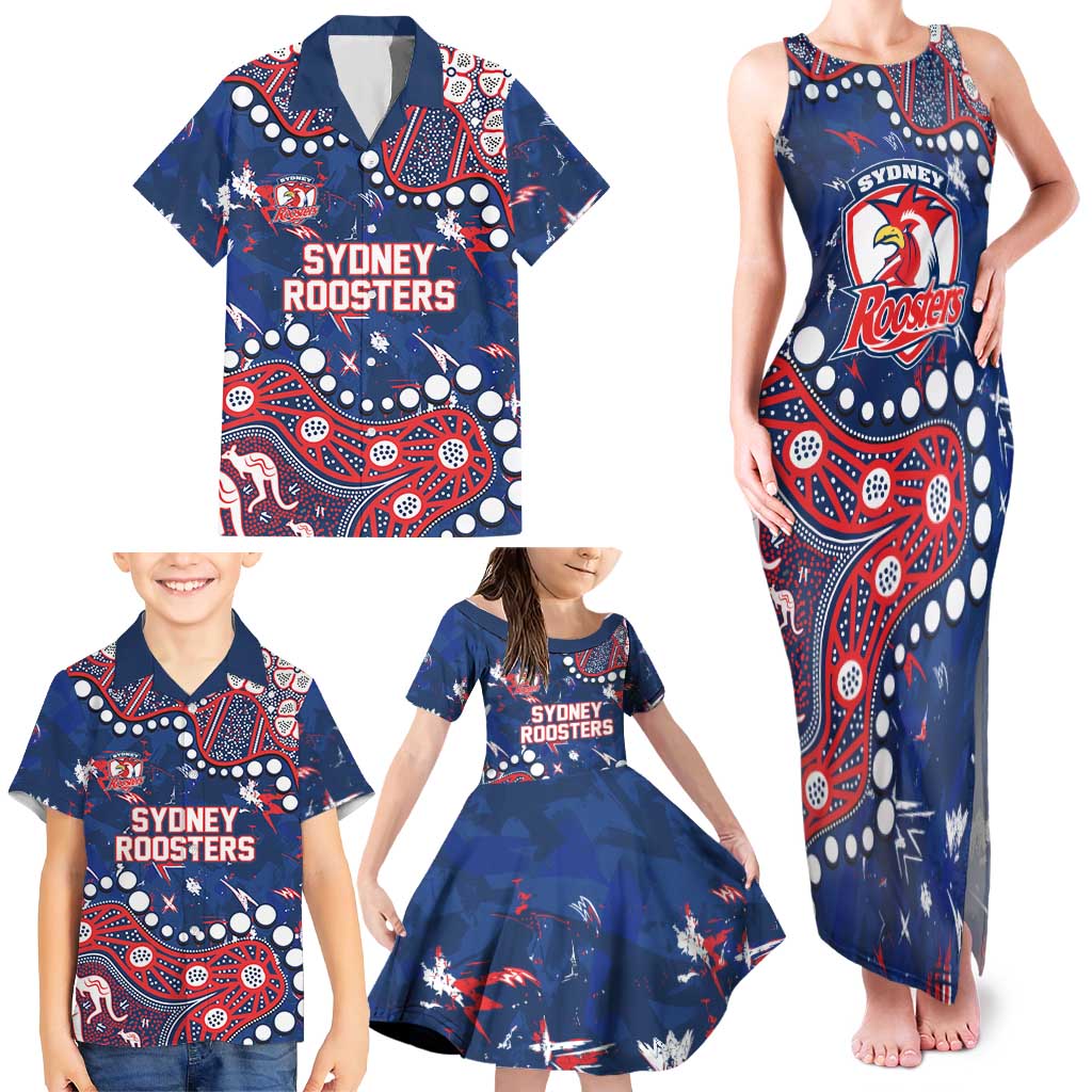Personalized Sydney Roosters Family Matching Tank Maxi Dress and Hawaiian Shirt Aboriginal Pattern with Graffiti Style Design