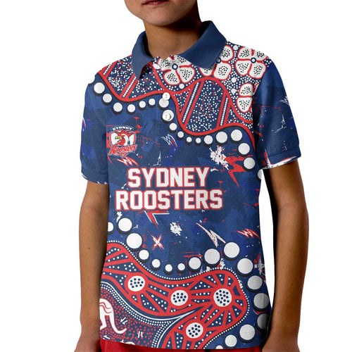 Personalized Sydney Roosters Kid Polo Shirt Aboriginal Pattern with Graffiti Style Design