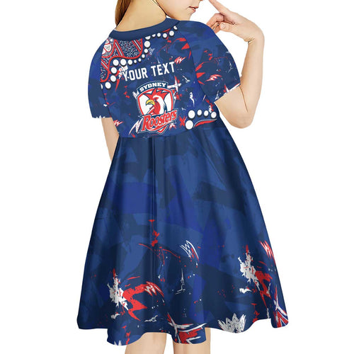 Personalized Sydney Roosters Kid Short Sleeve Dress Aboriginal Pattern with Graffiti Style Design