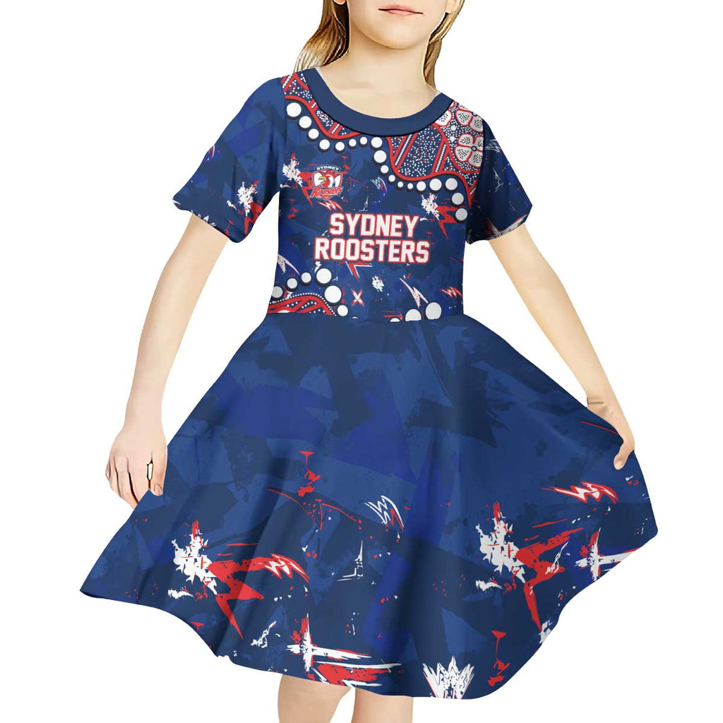 Personalized Sydney Roosters Kid Short Sleeve Dress Aboriginal Pattern with Graffiti Style Design