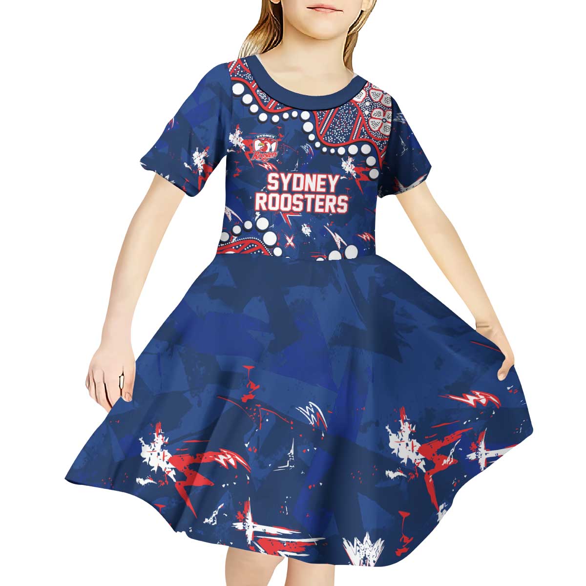 Personalized Sydney Roosters Kid Short Sleeve Dress Aboriginal Pattern with Graffiti Style Design