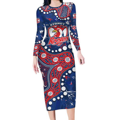 Personalized Sydney Roosters Long Sleeve Bodycon Dress Aboriginal Pattern with Graffiti Style Design