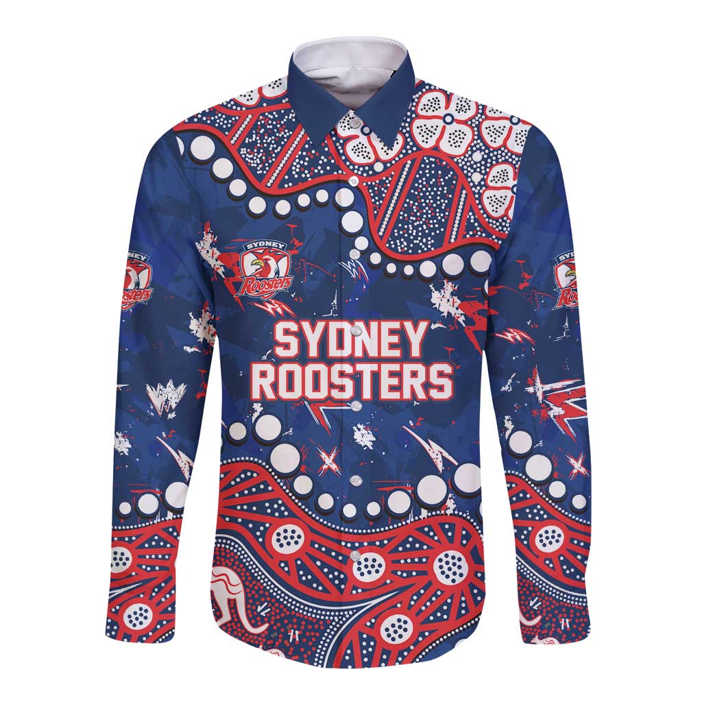 Personalized Sydney Roosters Long Sleeve Button Shirt Aboriginal Pattern with Graffiti Style Design