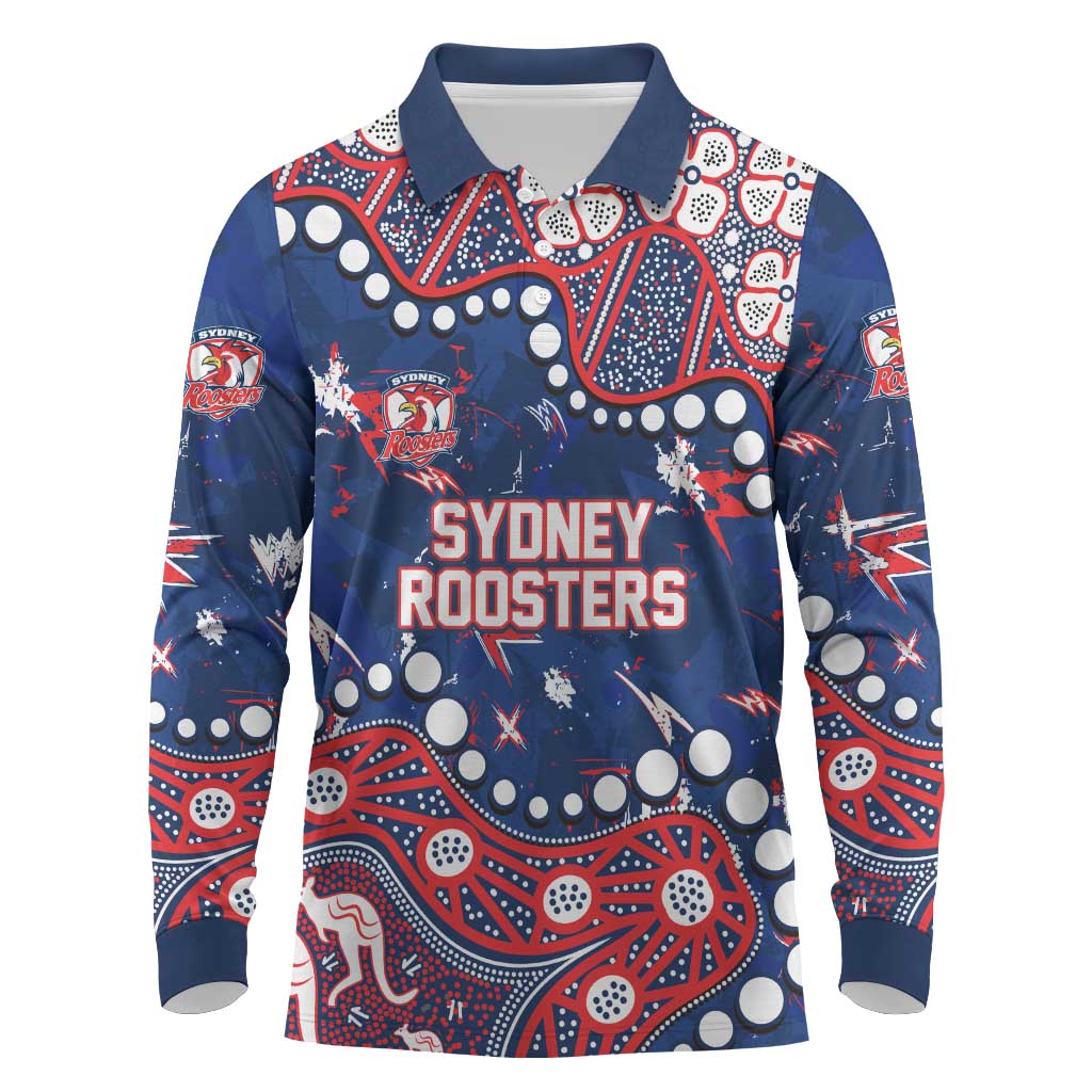 Personalized Sydney Roosters Long Sleeve Polo Shirt Aboriginal Pattern with Graffiti Style Design