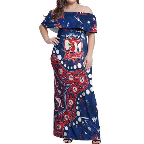 Personalized Sydney Roosters Off Shoulder Maxi Dress Aboriginal Pattern with Graffiti Style Design