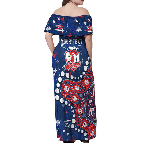 Personalized Sydney Roosters Off Shoulder Maxi Dress Aboriginal Pattern with Graffiti Style Design