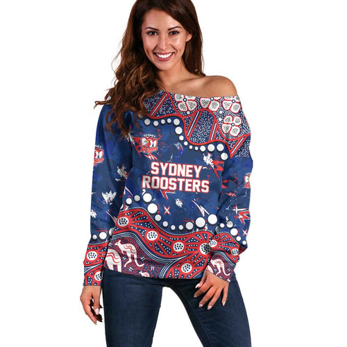 Personalized Sydney Roosters Off Shoulder Sweater Aboriginal Pattern with Graffiti Style Design