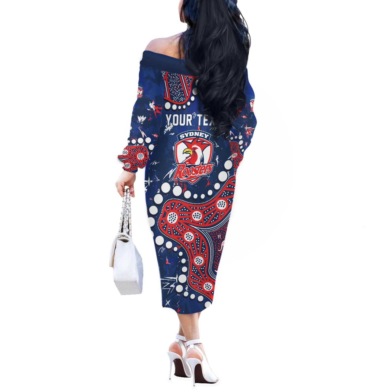 Personalized Sydney Roosters Off The Shoulder Long Sleeve Dress Aboriginal Pattern with Graffiti Style Design