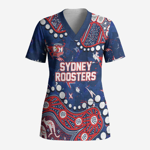 Personalized Sydney Roosters Scrub Top Aboriginal Pattern with Graffiti Style Design