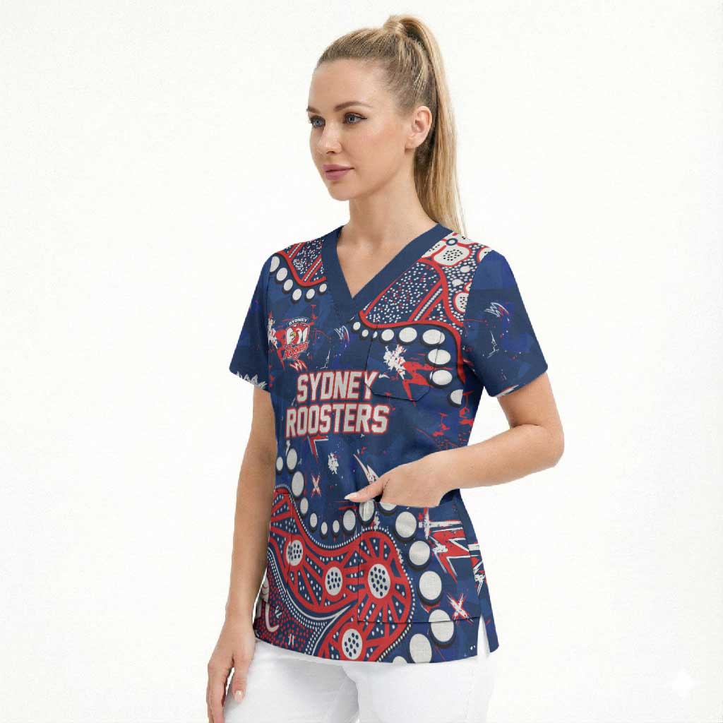 Personalized Sydney Roosters Scrub Top Aboriginal Pattern with Graffiti Style Design