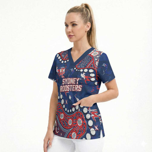 Personalized Sydney Roosters Scrub Top Aboriginal Pattern with Graffiti Style Design
