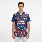 Personalized Sydney Roosters Scrub Top Aboriginal Pattern with Graffiti Style Design