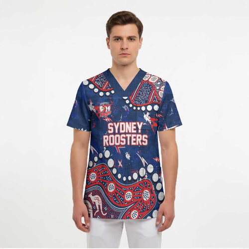 Personalized Sydney Roosters Scrub Top Aboriginal Pattern with Graffiti Style Design