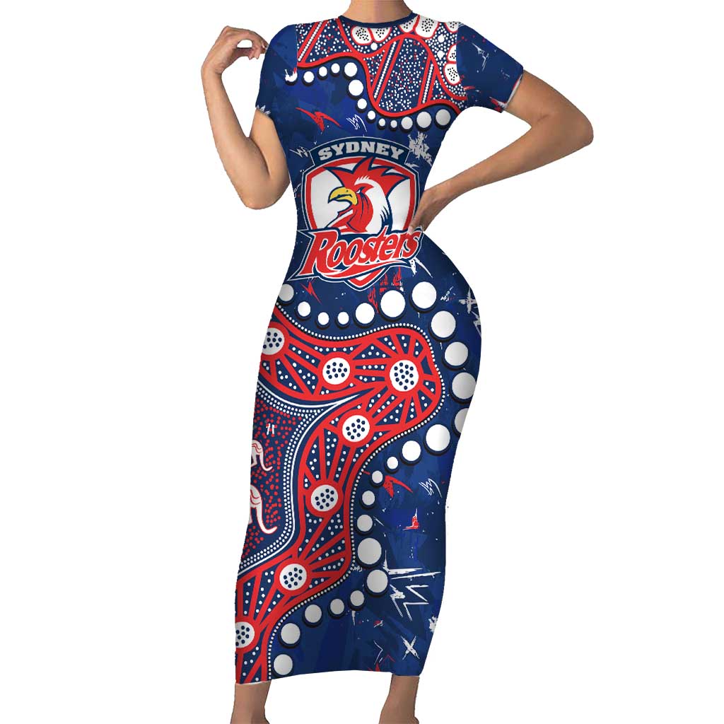 Personalized Sydney Roosters Short Sleeve Bodycon Dress Aboriginal Pattern with Graffiti Style Design