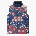 Personalized Sydney Roosters Sleeveless Puffer Jacket Aboriginal Pattern with Graffiti Style Design