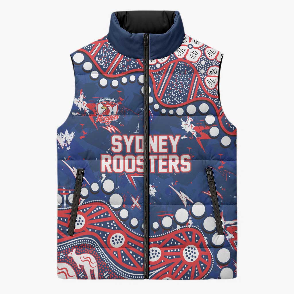 Personalized Sydney Roosters Sleeveless Puffer Jacket Aboriginal Pattern with Graffiti Style Design