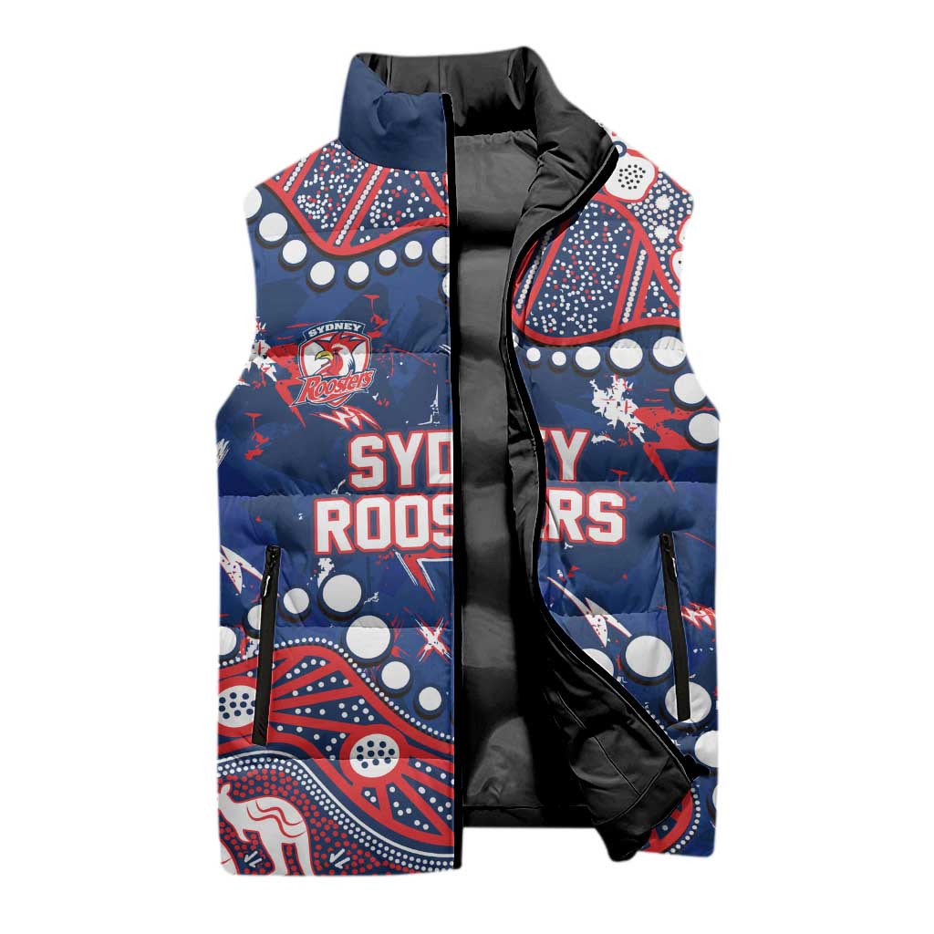 Personalized Sydney Roosters Sleeveless Puffer Jacket Aboriginal Pattern with Graffiti Style Design