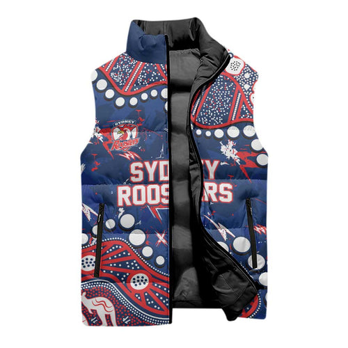 Personalized Sydney Roosters Sleeveless Puffer Jacket Aboriginal Pattern with Graffiti Style Design