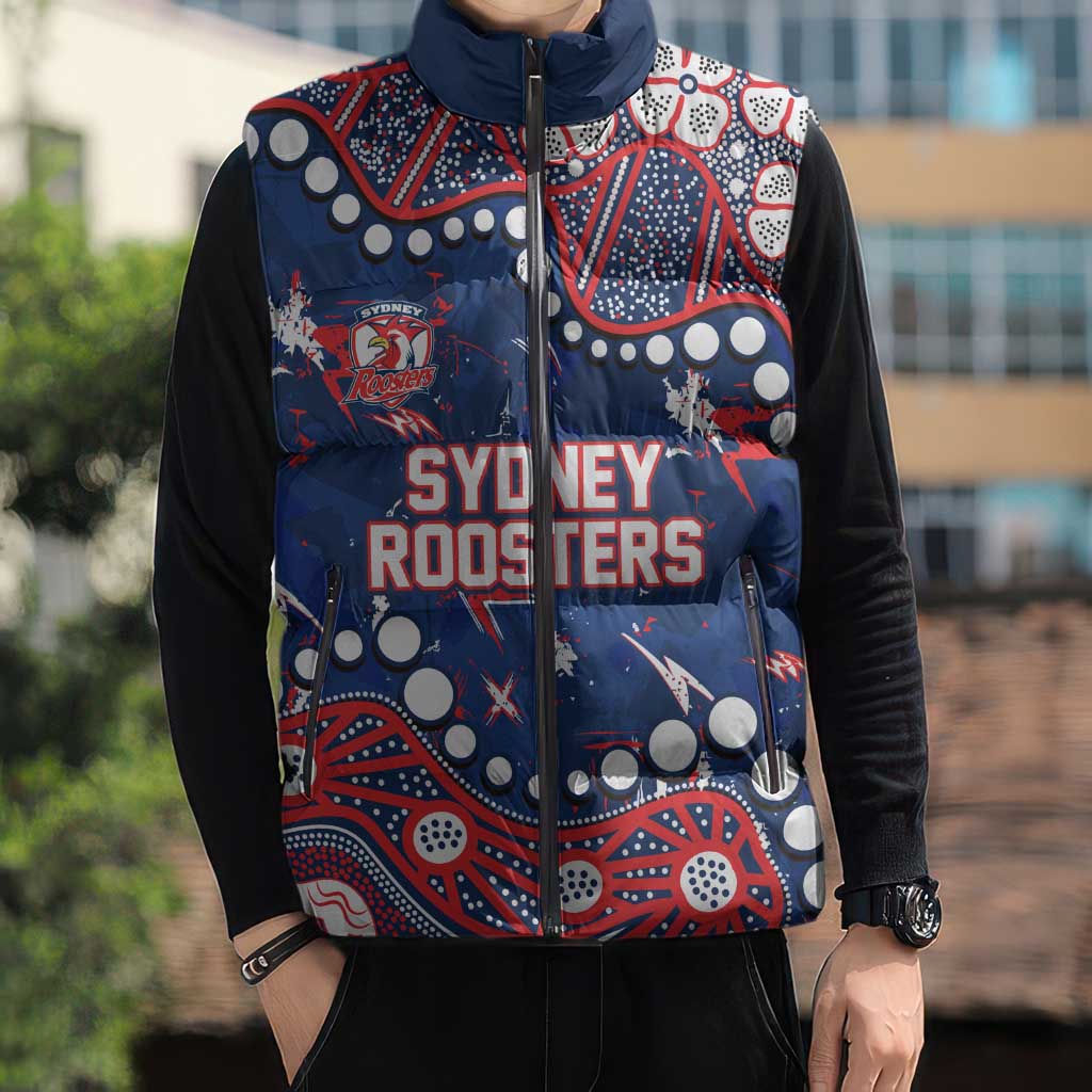 Personalized Sydney Roosters Sleeveless Puffer Jacket Aboriginal Pattern with Graffiti Style Design