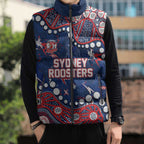 Personalized Sydney Roosters Sleeveless Puffer Jacket Aboriginal Pattern with Graffiti Style Design