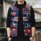 Personalized Sydney Roosters Sleeveless Puffer Jacket Aboriginal Pattern with Graffiti Style Design