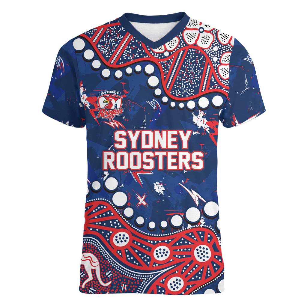 Personalized Sydney Roosters Women V-Neck T-Shirt Aboriginal Pattern with Graffiti Style Design