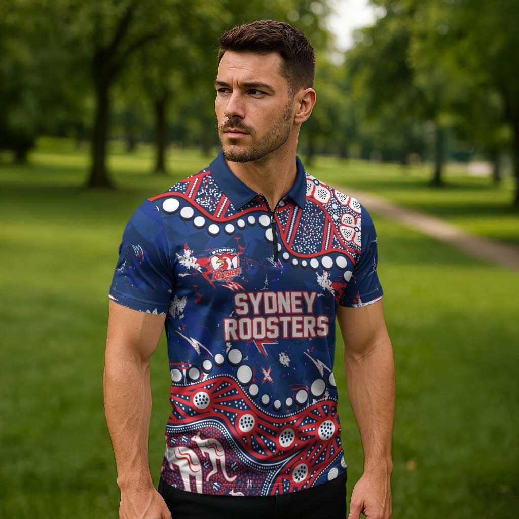 Personalized Sydney Roosters Zipper Polo Shirt Aboriginal Pattern with Graffiti Style Design