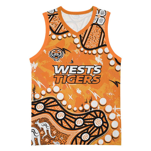 Personalized Wests Tigers Basketball Jersey Aboriginal Pattern with Graffiti Style Design