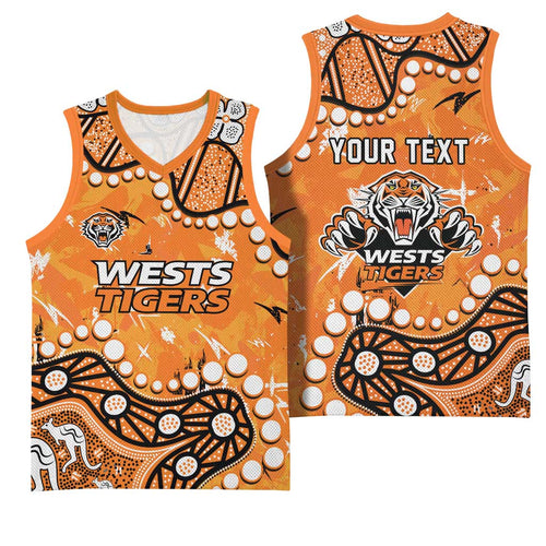 Personalized Wests Tigers Basketball Jersey Aboriginal Pattern with Graffiti Style Design