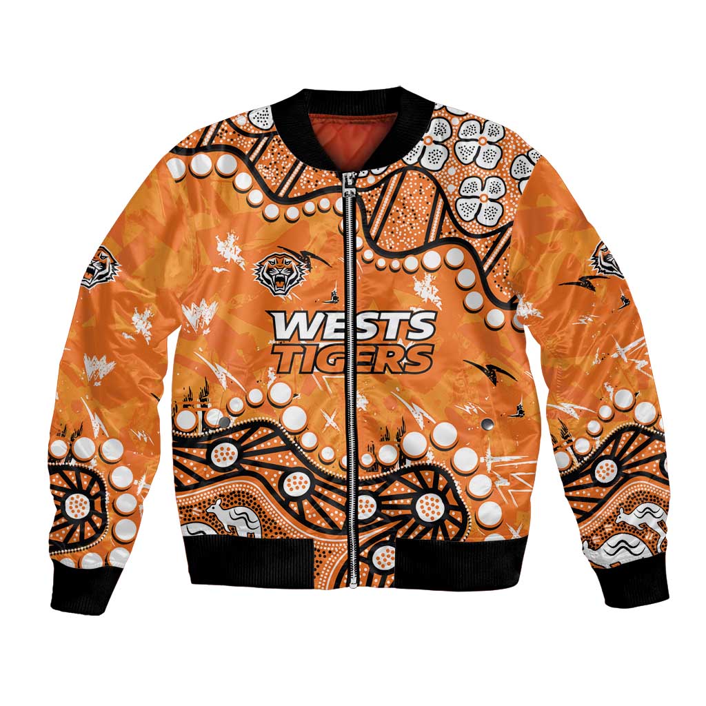 Personalized Wests Tigers Bomber Jacket Aboriginal Pattern with Graffiti Style Design