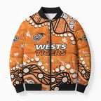 Personalized Wests Tigers Bomber Puffer Jacket Aboriginal Pattern with Graffiti Style Design