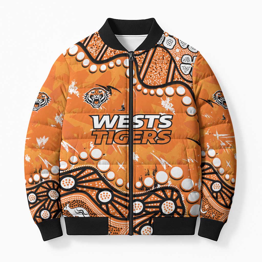 Personalized Wests Tigers Bomber Puffer Jacket Aboriginal Pattern with Graffiti Style Design