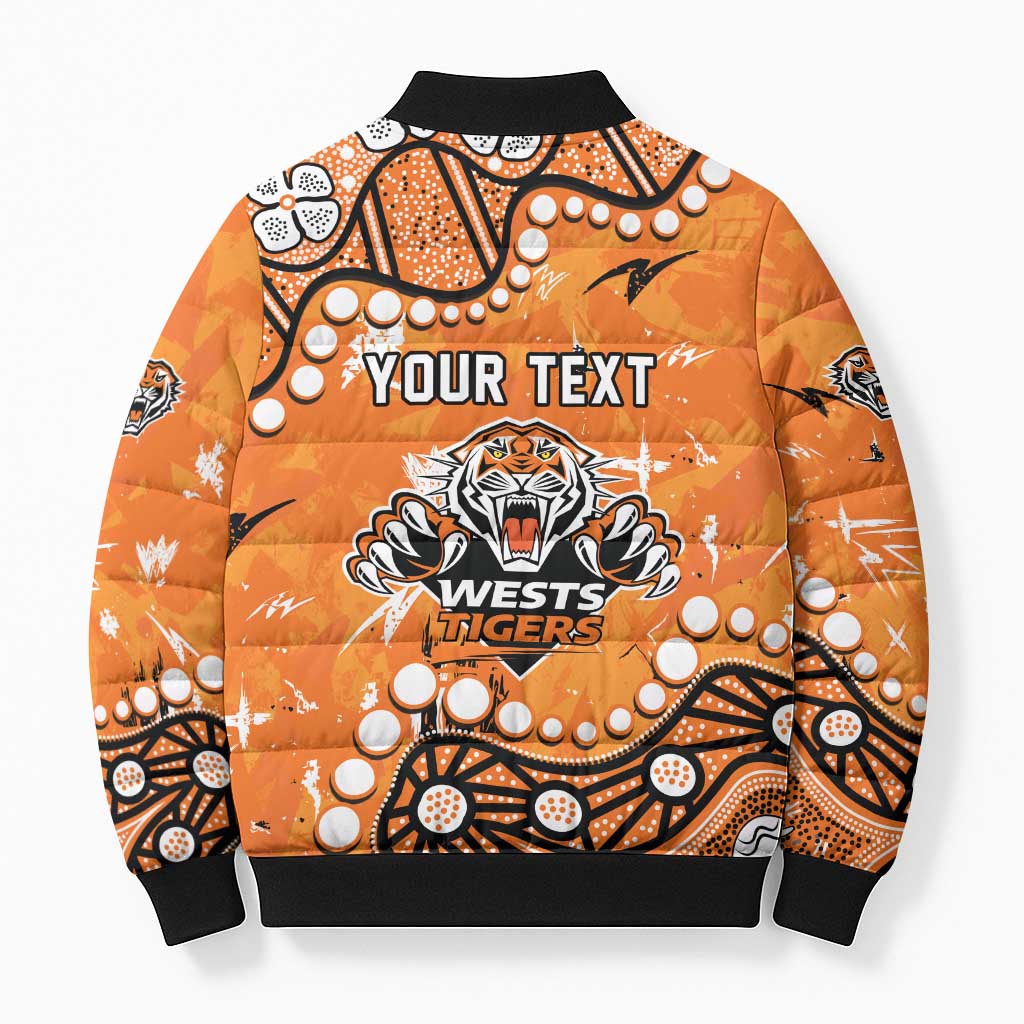 Personalized Wests Tigers Bomber Puffer Jacket Aboriginal Pattern with Graffiti Style Design