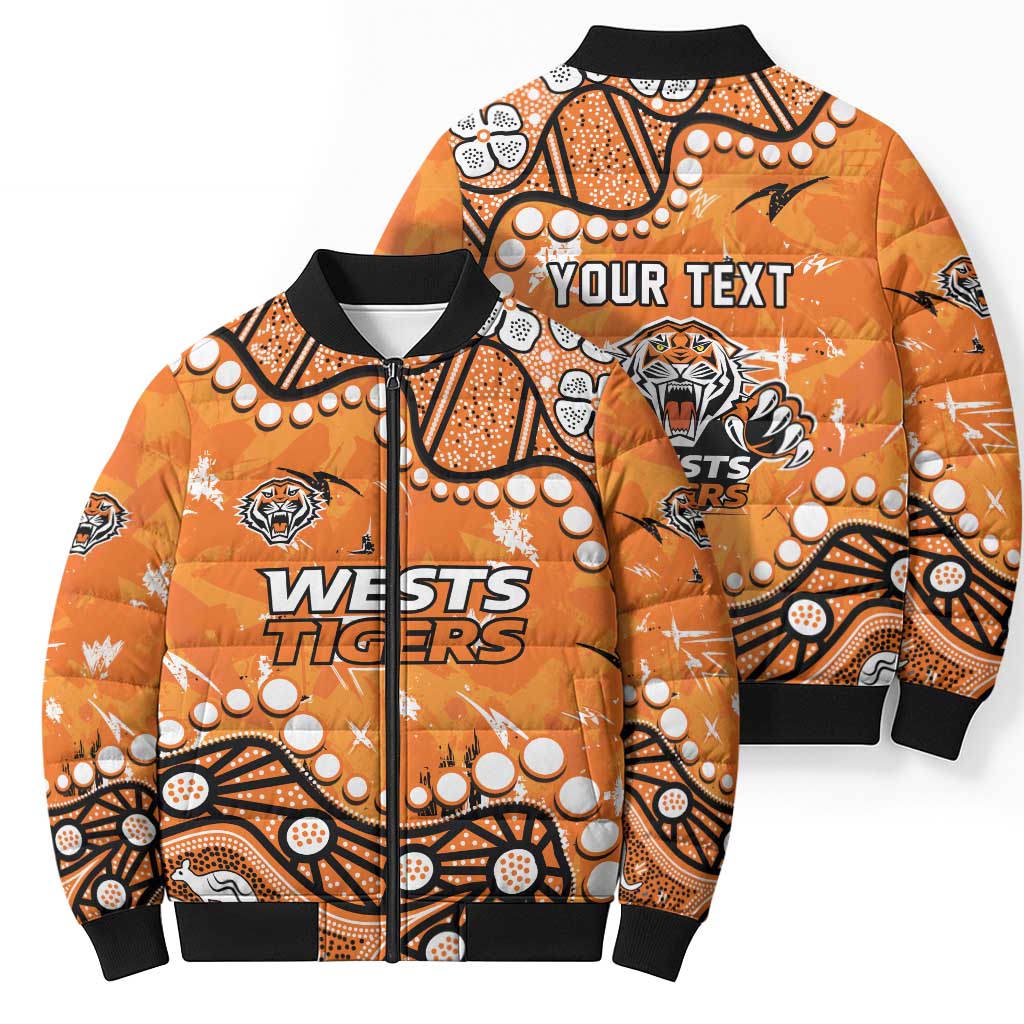 Personalized Wests Tigers Bomber Puffer Jacket Aboriginal Pattern with Graffiti Style Design