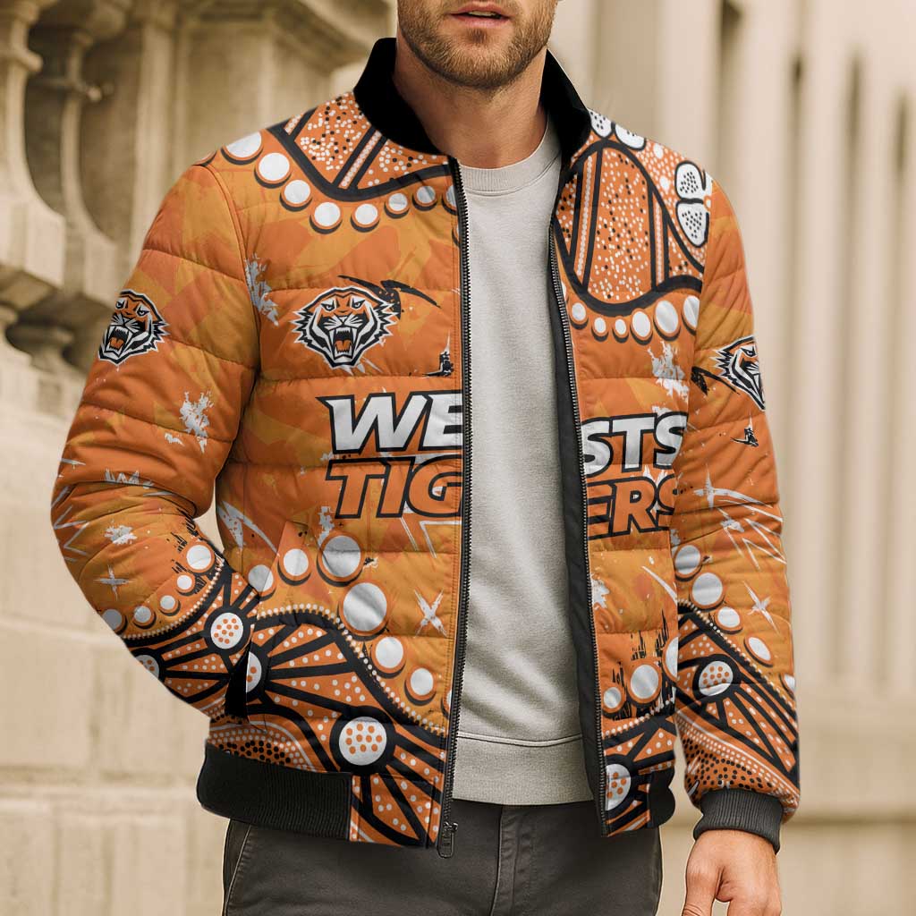 Personalized Wests Tigers Bomber Puffer Jacket Aboriginal Pattern with Graffiti Style Design