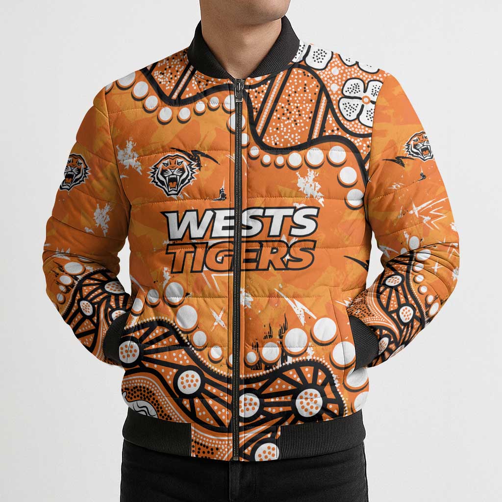 Personalized Wests Tigers Bomber Puffer Jacket Aboriginal Pattern with Graffiti Style Design