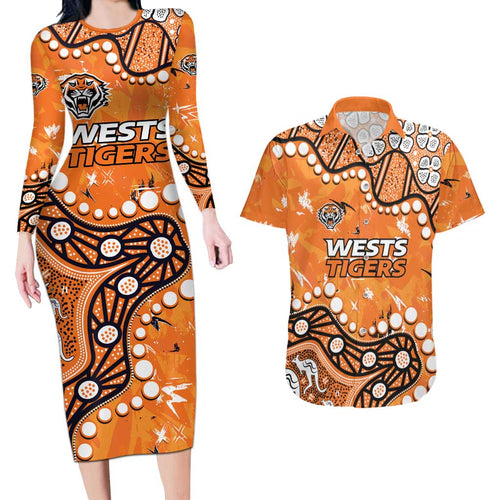 Personalized Wests Tigers Couples Matching Long Sleeve Bodycon Dress and Hawaiian Shirt Aboriginal Pattern with Graffiti Style Design