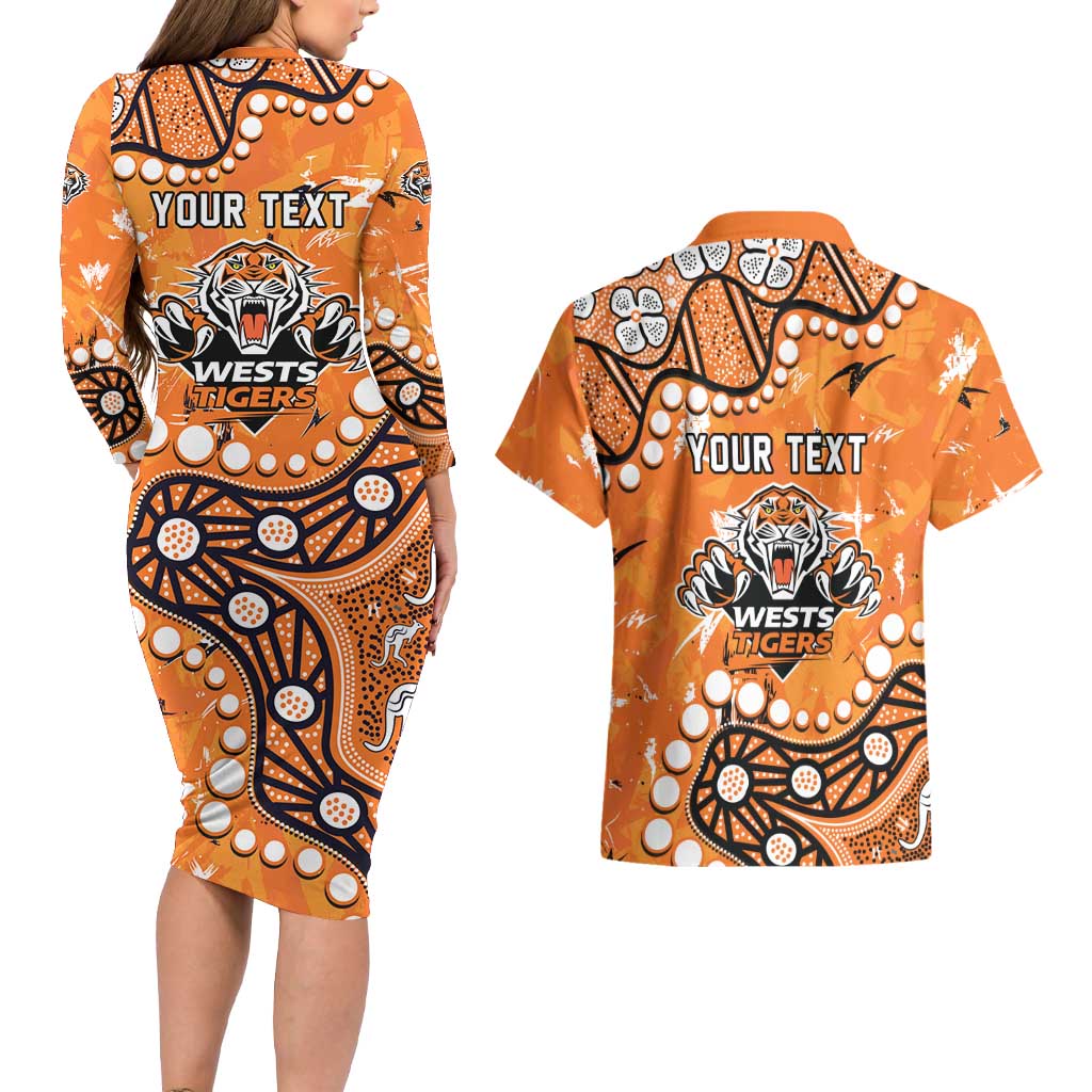 Personalized Wests Tigers Couples Matching Long Sleeve Bodycon Dress and Hawaiian Shirt Aboriginal Pattern with Graffiti Style Design