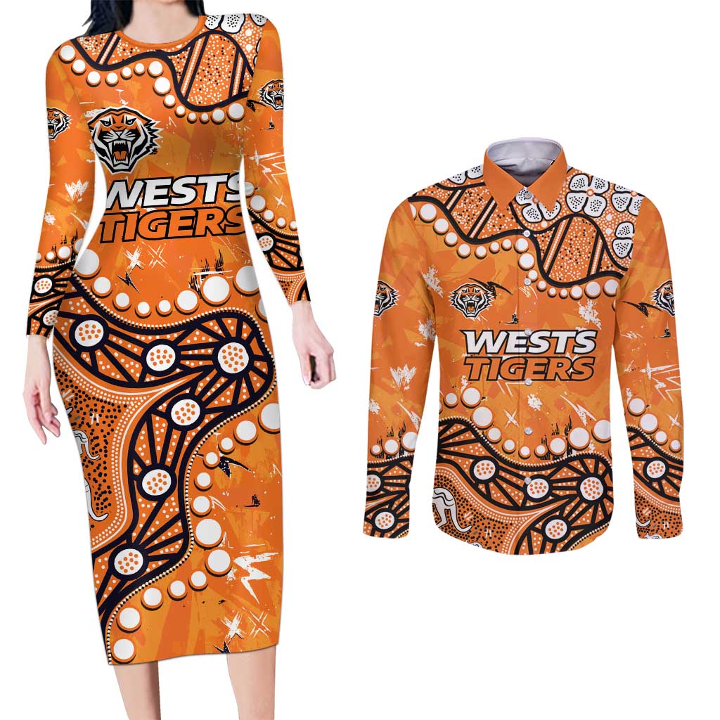 Personalized Wests Tigers Couples Matching Long Sleeve Bodycon Dress and Long Sleeve Button Shirt Aboriginal Pattern with Graffiti Style Design