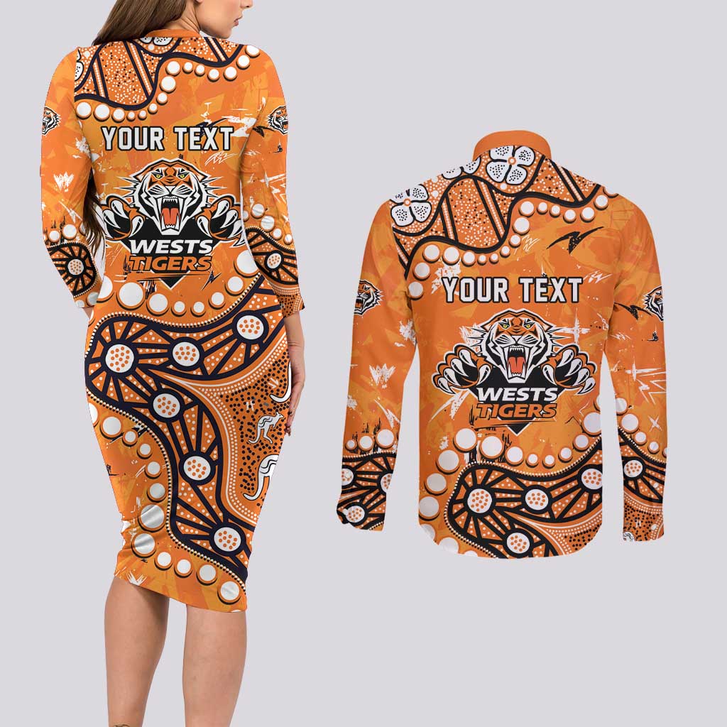 Personalized Wests Tigers Couples Matching Long Sleeve Bodycon Dress and Long Sleeve Button Shirt Aboriginal Pattern with Graffiti Style Design