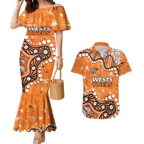 Personalized Wests Tigers Couples Matching Mermaid Dress and Hawaiian Shirt Aboriginal Pattern with Graffiti Style Design