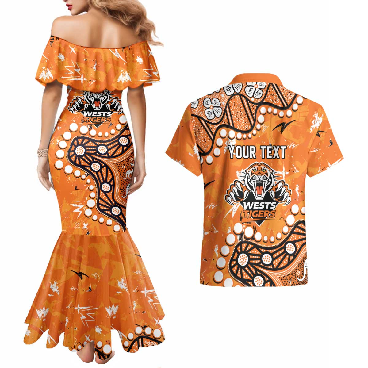 Personalized Wests Tigers Couples Matching Mermaid Dress and Hawaiian Shirt Aboriginal Pattern with Graffiti Style Design